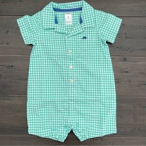 Carter’s green and white checkered short sleeve button romper